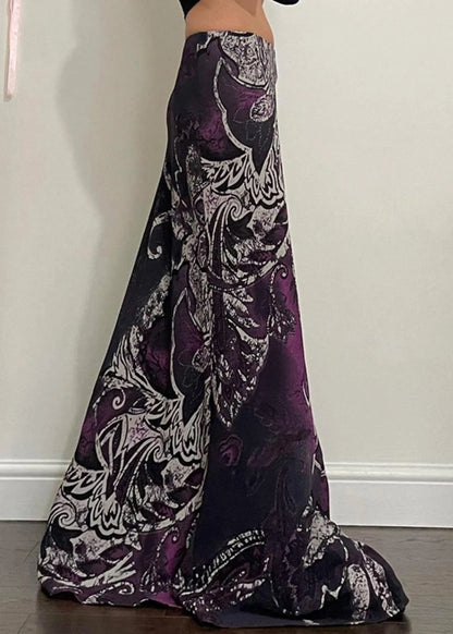 Retro Purple Print Elastic Waist Cotton Maxi Skirts Summer