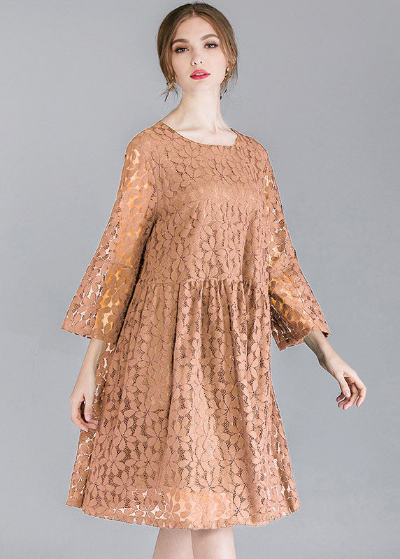 Simple Pink Khaki O-neck Color Lace Party Dresses Bracelet Sleeve