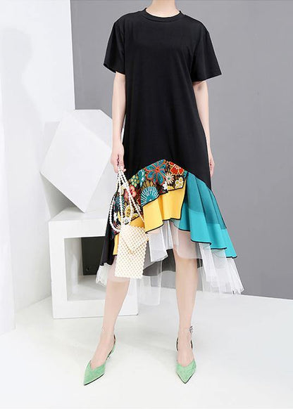 Summer Black Colorful Printed Hem Dress