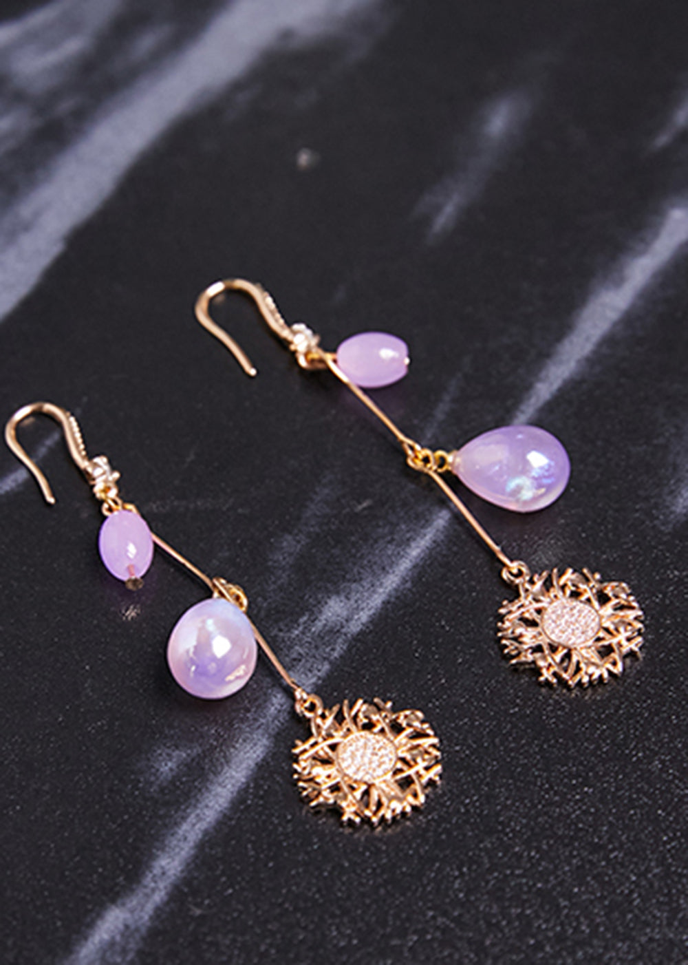 Style Purple Water Droplet Beads Sunflower 14k Gold Drop Earrings