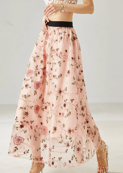 Pink Tulle a Line Skirts Embroidered Summer