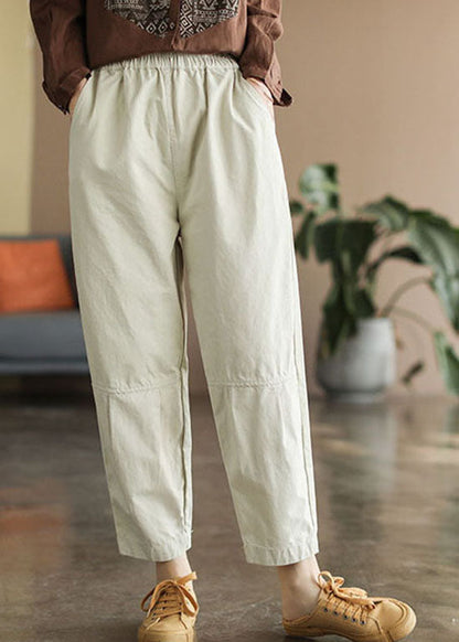Handmade Beige Elastic Waist Pockets Pants Spring