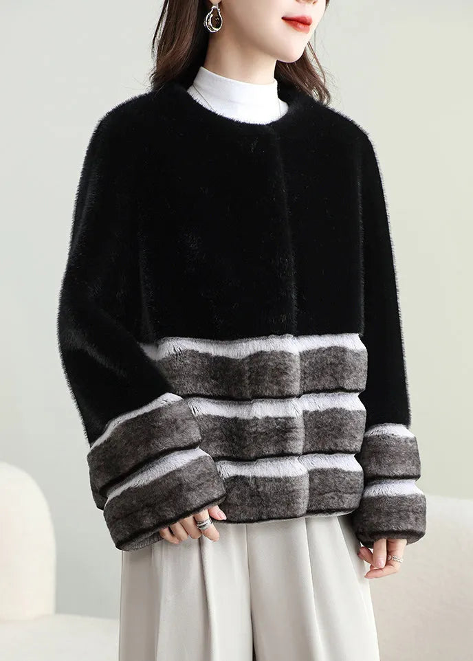 Striped Black O-neck Button Patchwork Leather and Fur Coat Winter