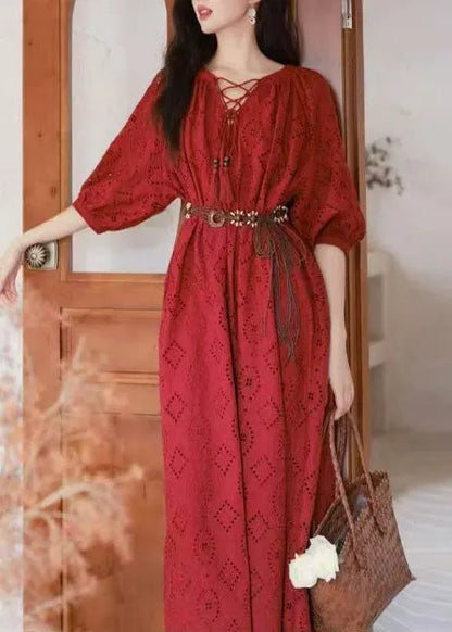 Art Red Embroidered Hollow Out Cotton Holiday Dress Summer