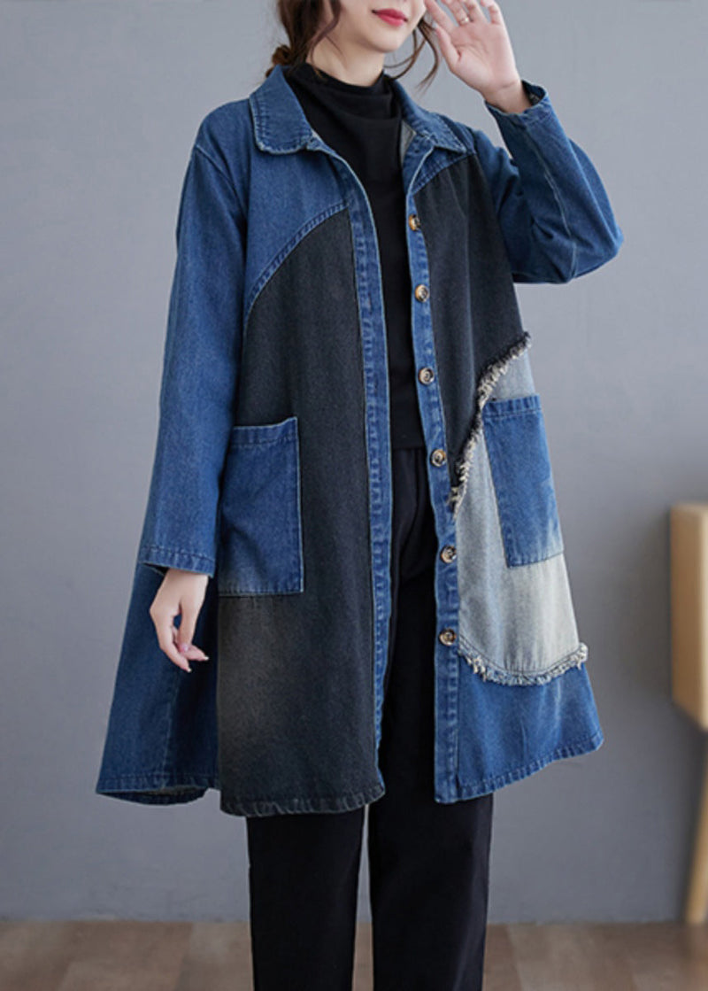Blue Button Pockets Patchwork Denim Trench Coat Fall