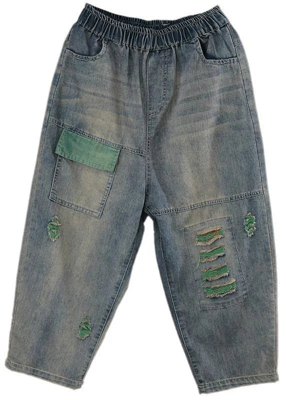 Blue Elastic Waist Hole Denim Pants Summer