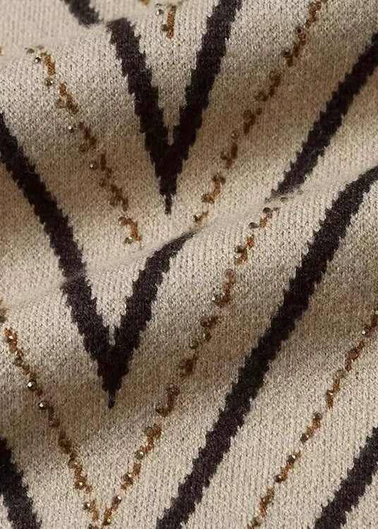 Apricot O Neck Print Zircon Patchwork Knit Dress Fall