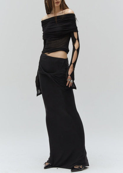 Black Hollow Out Cotton Two Pieces Set Fall