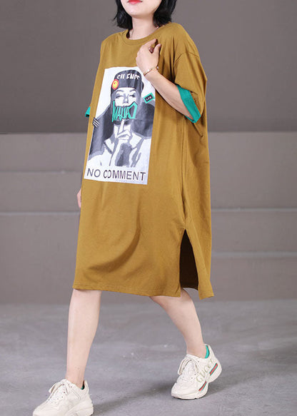 Yellow O-neck Patchwork Applique Side Open Cotton Maxi Dress Short Sleeve