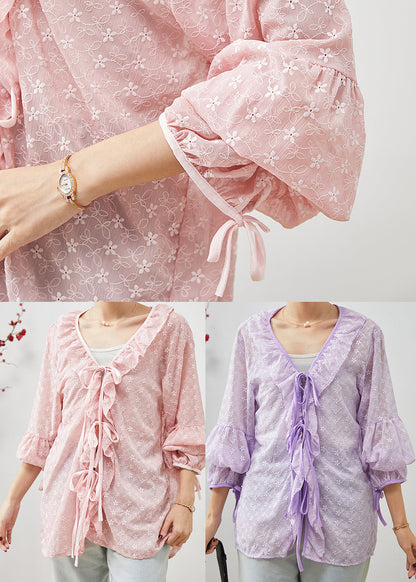 Pink Embroidered Ruffles Lace Shirt Spring