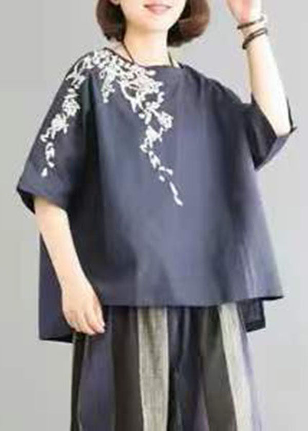 Navy O-neck Embroideried Striped Linen Tops and Straight Pants Two Pieces Set Short Sleeve