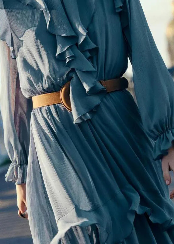 New Blue Ruffled Sashes Chiffon Long Dresses Fall
