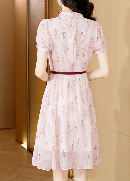 Pink Peter Pan Collar Print Chiffon Shirts Dress Short Sleeve