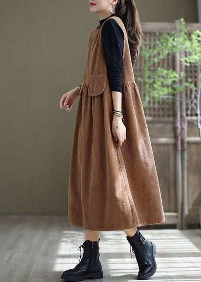 Loose Light Orange O-neck Patchwork Corduroy Party Dress Sleeveless Spring