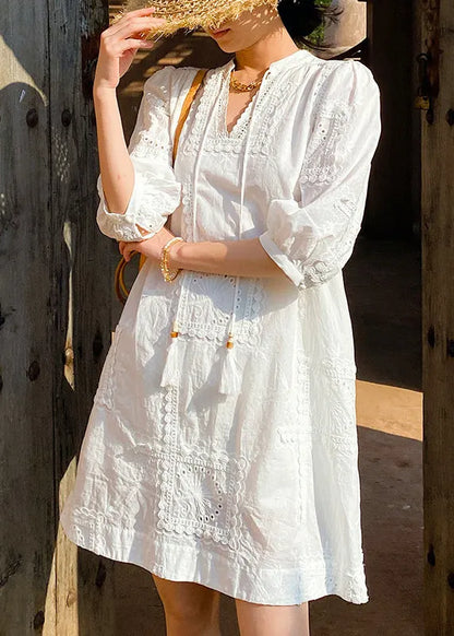 White V Neck Hollow Out Pockets Cotton Dress Half Sleeve