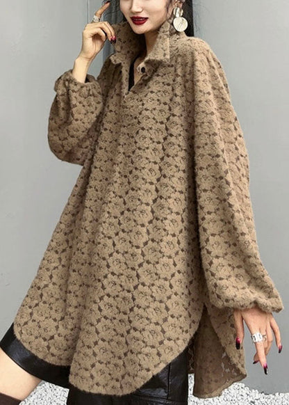 Orange Peter Pan Collar Print Side Open Shirts Long Sleeve