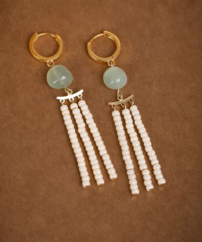 Classy White Copper Overgild Jade Beads Tassel Drop Earrings