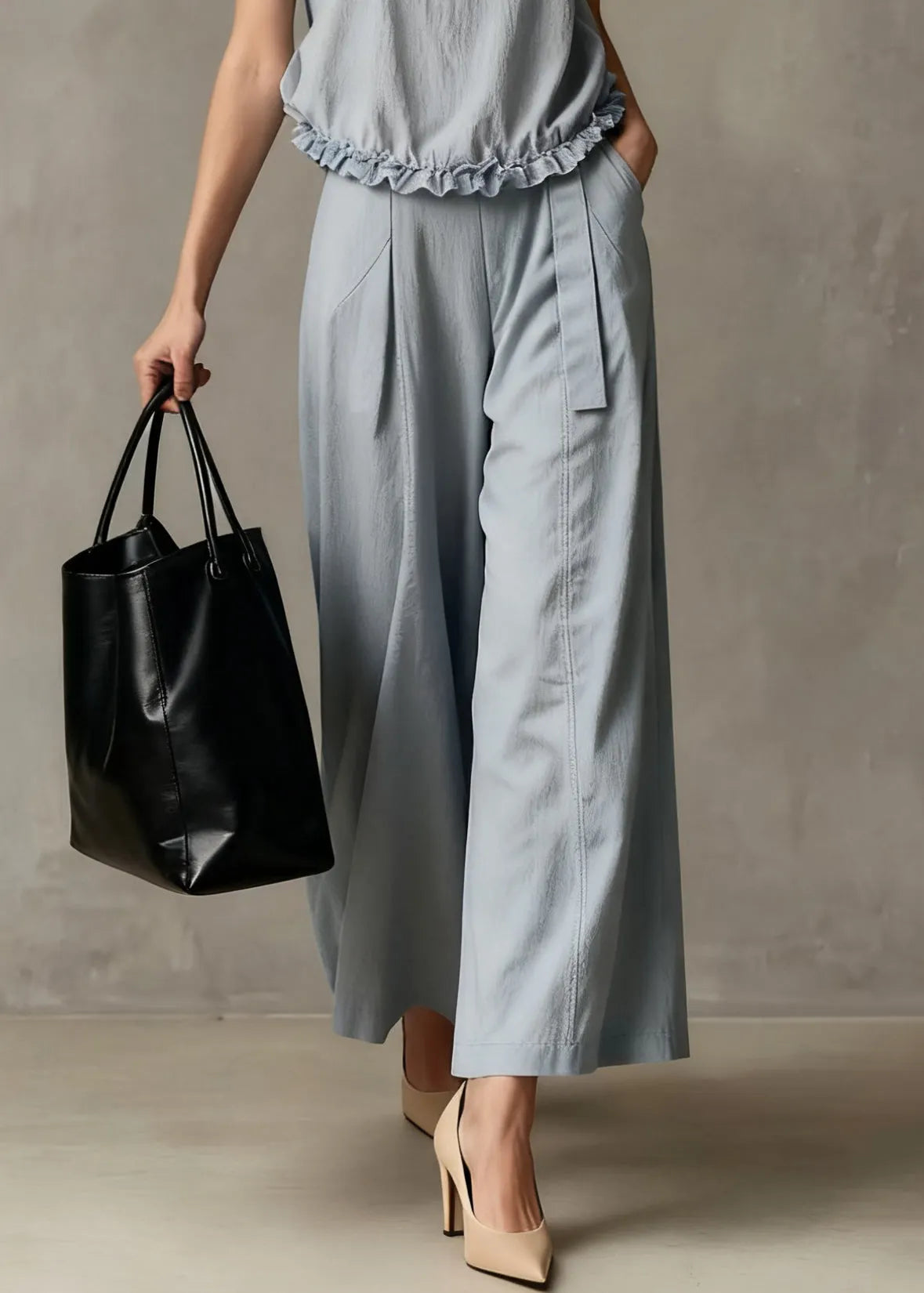 Haze Blue Ruffled Pockets Cotton Two Piece Set Summer
