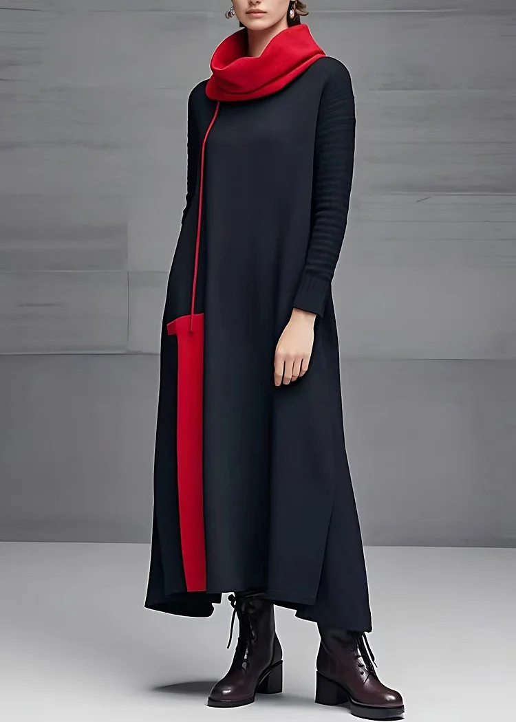 Black Turtleneck Cotton Long Dresses Long Sleeve Fall