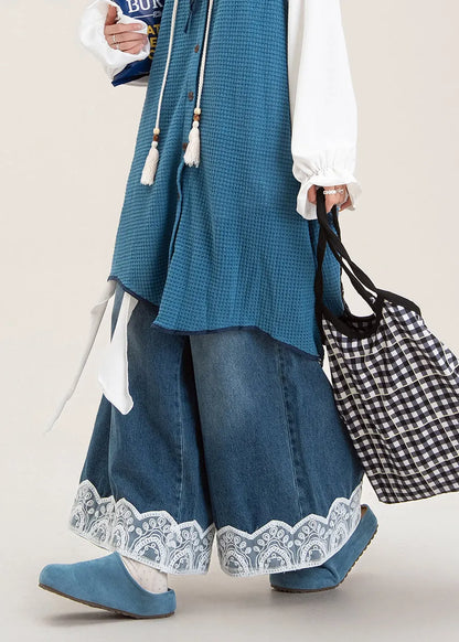 Blue Oversized Patchwork Lace Denim Wide Leg Pants Spring