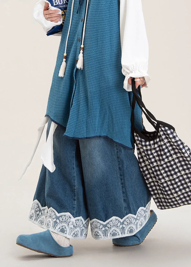 Blue Oversized Patchwork Lace Denim Wide Leg Pants Spring