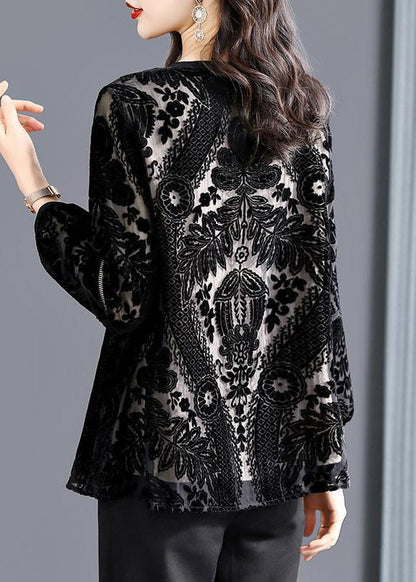Black O-neck Hollow Out Patchwork Silk Velour Top Fall
