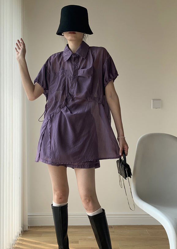 Purple Peter Pan Collar Button Patchwork Cotton Two Piece Suit Summer