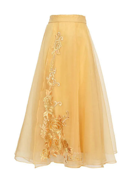 Yellow Embroideried High Waist Tie Waist Tulle Skirts Fall