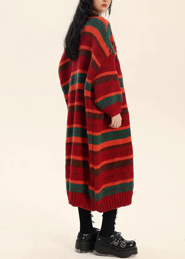 Loose Red V Neck Striped Button Cotton Knit Waistcoat Fall