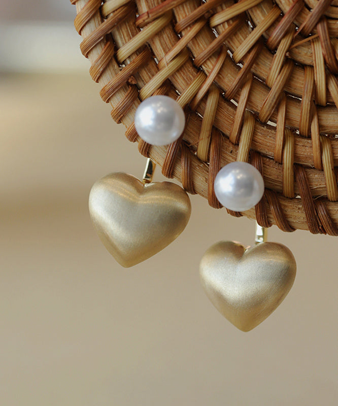 Gold Metal Alloy Dull Polish Love Pearl Stud Earrings