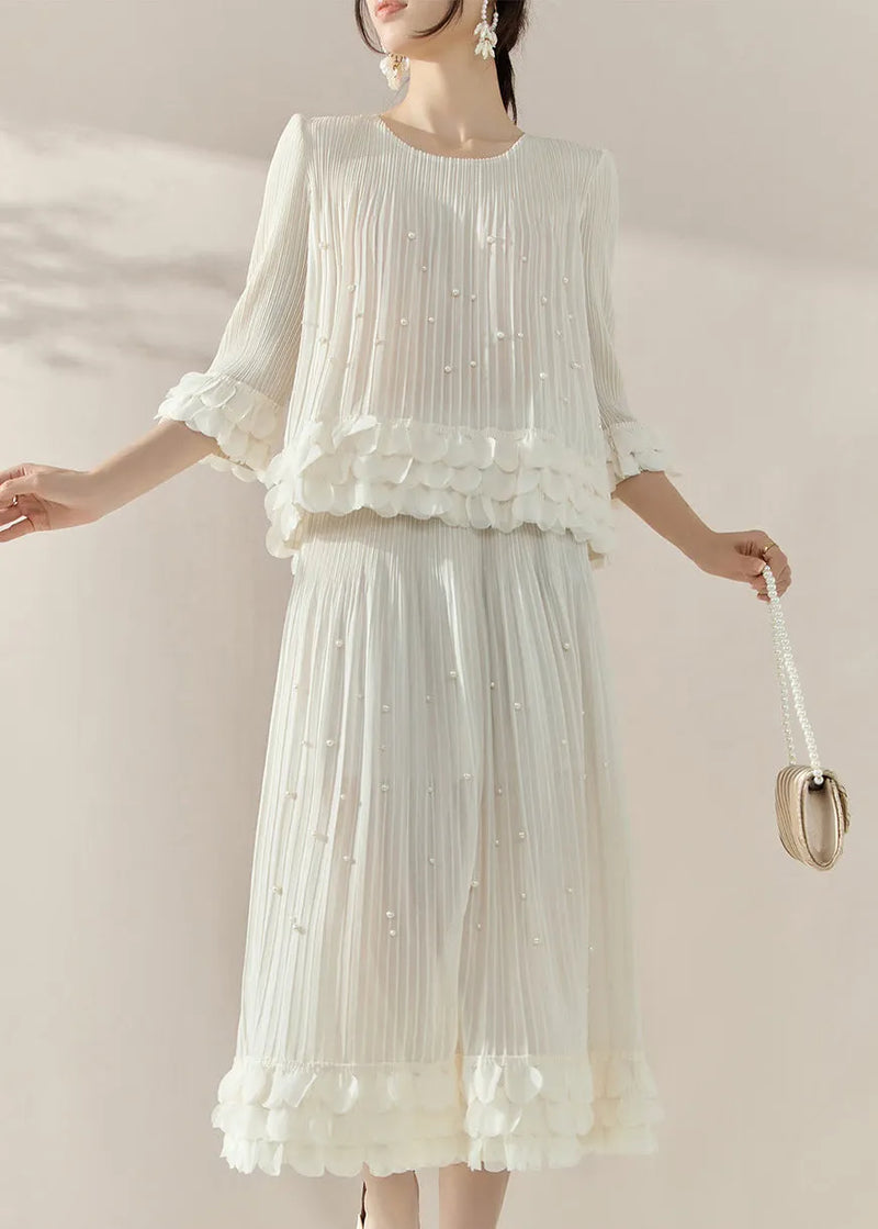 French White Nail Bead Silk Cotton Top and Maxi Skirts Two Piece Set Half Sleeve