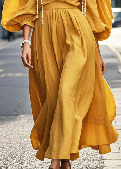 Yellow Ruffled Cotton Dresses Puff Sleeve
