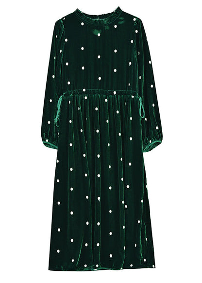 Green Ruffled Wrinkled Drawstring Patchwork Velour Dress Fall