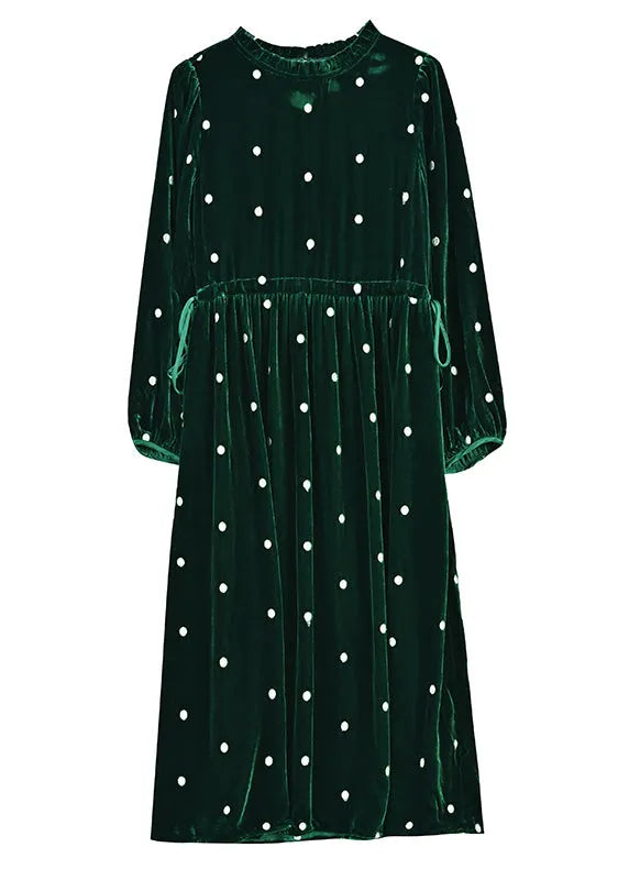 Green Ruffled Wrinkled Drawstring Patchwork Velour Dress Fall