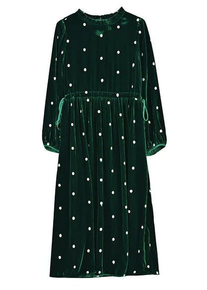 Green Ruffled Wrinkled Drawstring Patchwork Velour Dress Fall