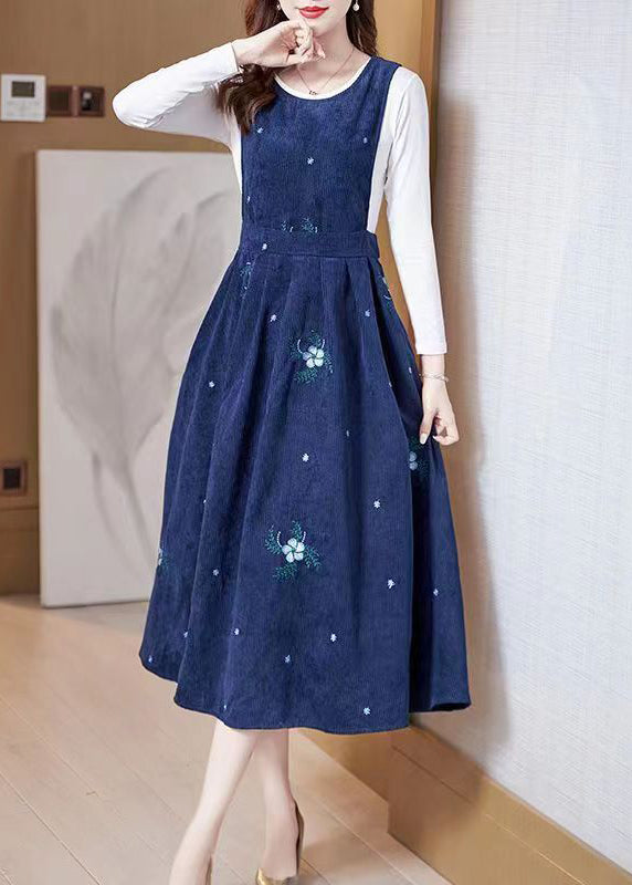 French Blue Embroideried Patchwork Corduroy Two Pieces Set Fall