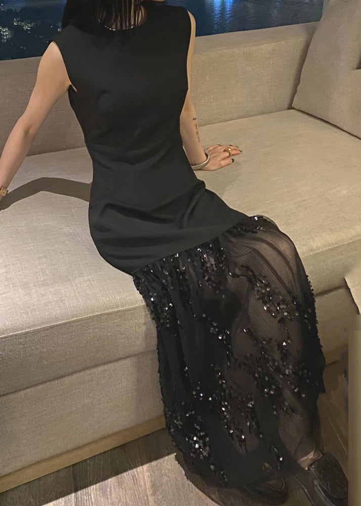 French Black O-neck Sequins Patchwork Tulle Maxi Dress Short Sleeve