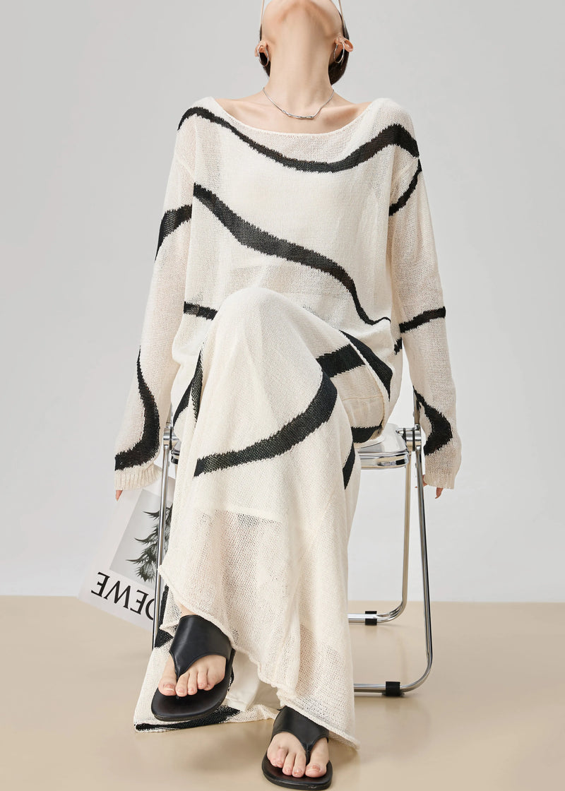 Boutique White Striped Tops and Skirts Knit Two Pieces Set Fall