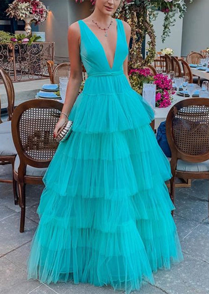 New White V Neck Tulle Maxi Dresses Sleeveless