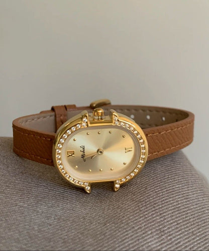 Modern Grey Leather Zircon Reinforced Glass Watches