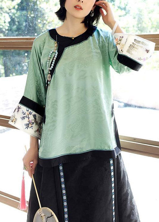 Light Green O-neck Patchwork Print Silk Shirt Tops Spring