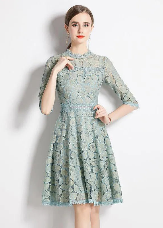 Slim Fit Light Blue Embroideried Patchwork Lace Dress Half Sleeve
