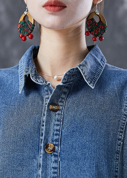 Blue Peter Pan Collar Wrinkled Denim Dress Bracelet Sleeve