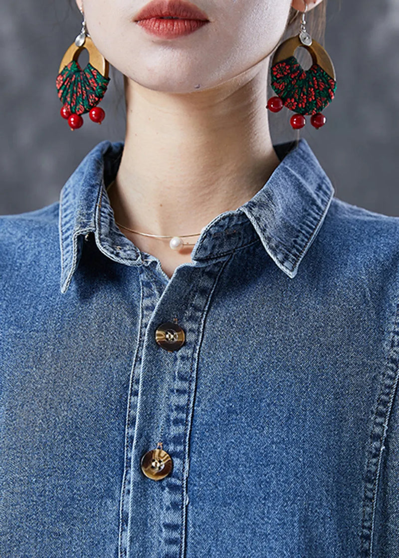 Blue Peter Pan Collar Wrinkled Denim Dress Bracelet Sleeve