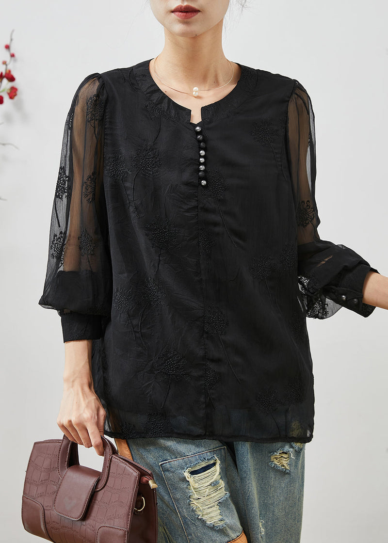 Black Embroidered Linen Silk Shirt Top Summer