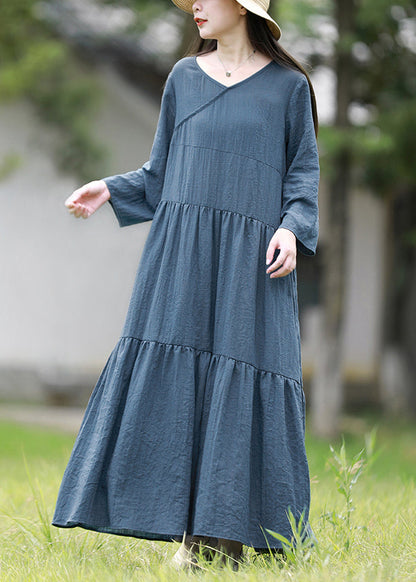Blue V Neck Patchwork Cotton Long Dresses Spring