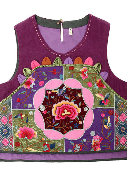 Art Purple Embroideried Linen Waistcoat Fall