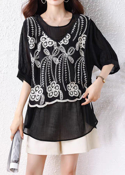 Loose Black False Two Pieces Lace Up Cotton T Shirts Half Sleeve
