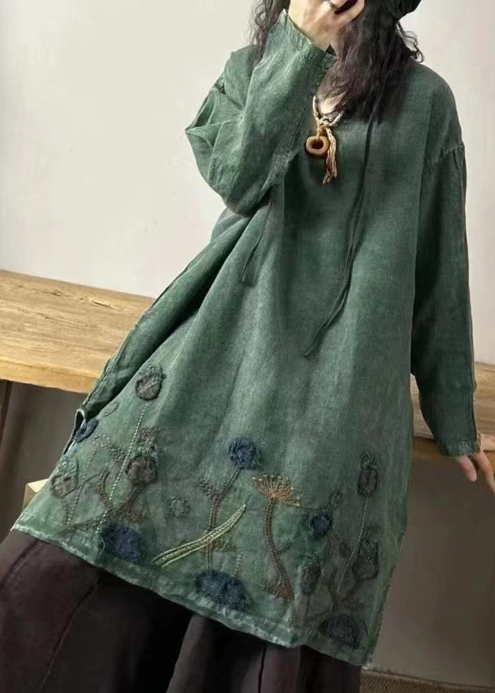Mulberry V Neck Embroideried Patchwork Linen Mid Dresses Fall