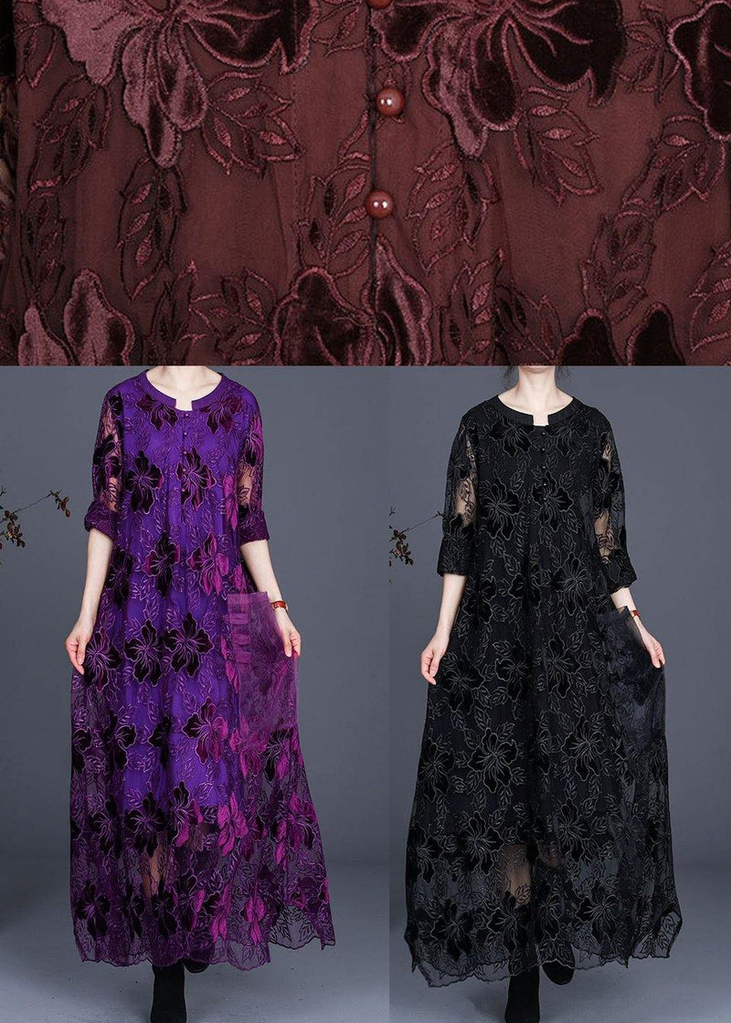 Loose Chocolate Long Lace Dress O Neck Maxi Dress